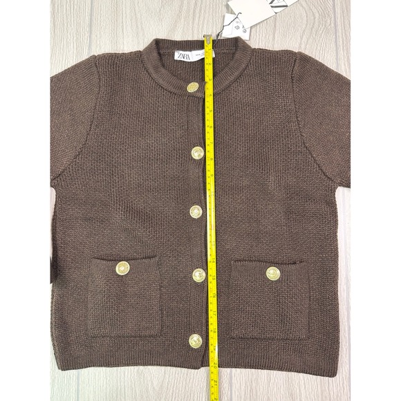 ZARA Women's Brown Knit Cardigan Gold Button Pockets Crew Neck Size M - Picture 15 of 15